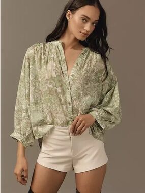 Pilcro Sage Green Floral Button-Front Blouse